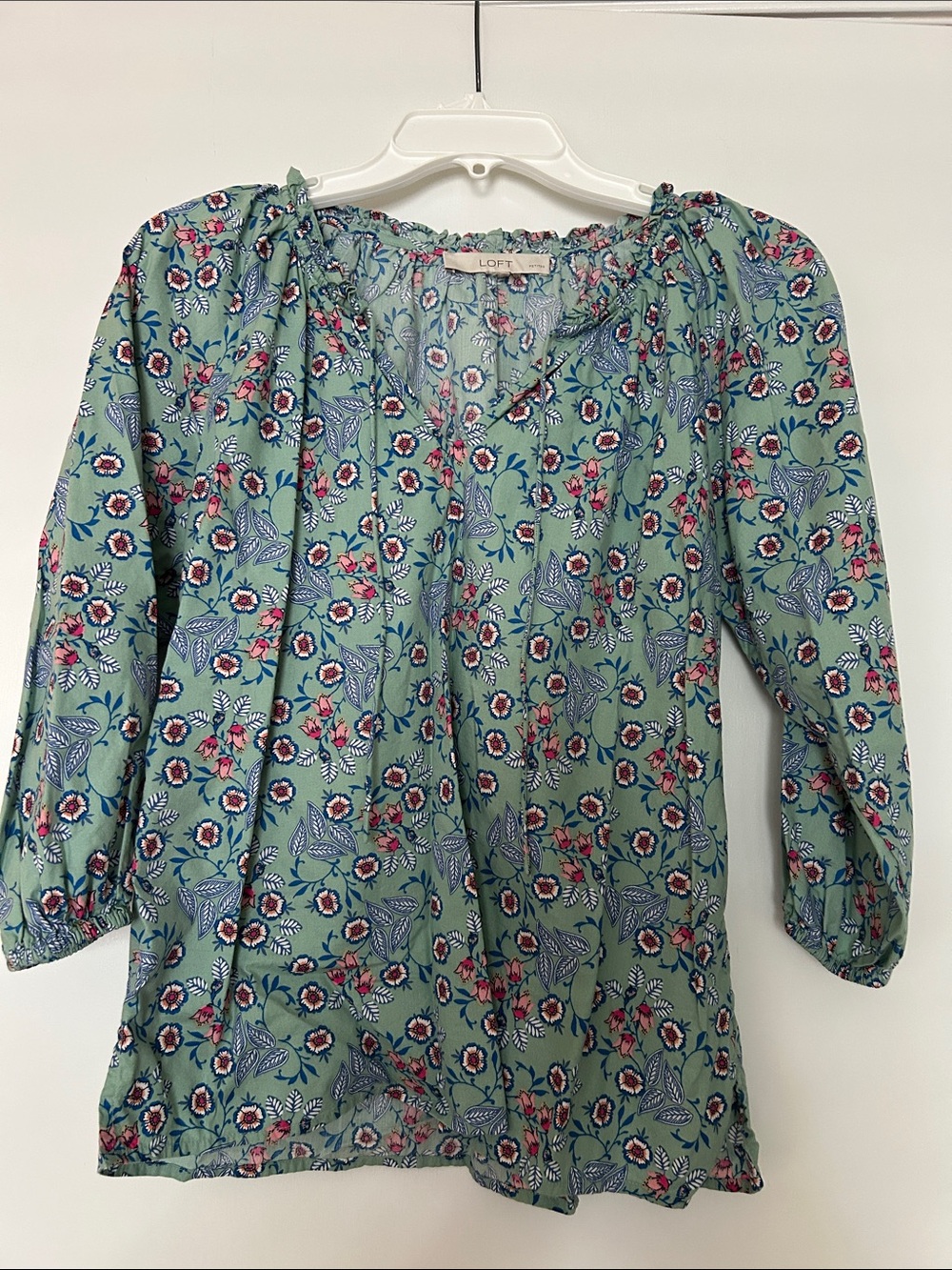 LOFT Blue Floral Tie-Neck Blouse